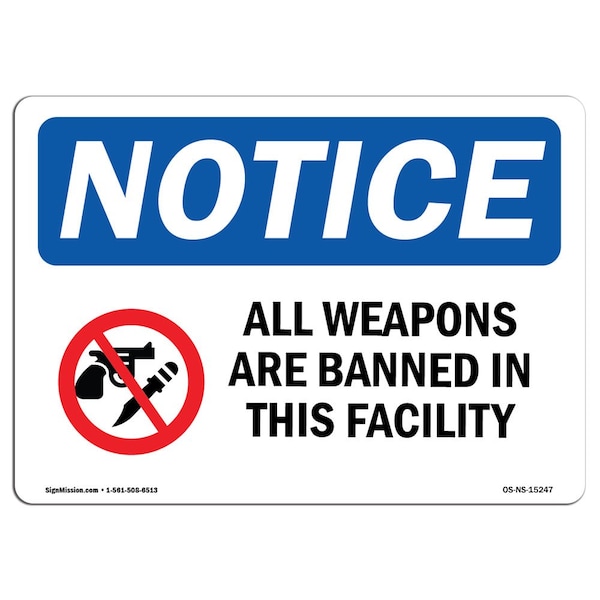 Sign, 18" H, 24" W, Rigid Plastic, NOTICE All Weapons Are Banned In This Facility Sign, Landscape